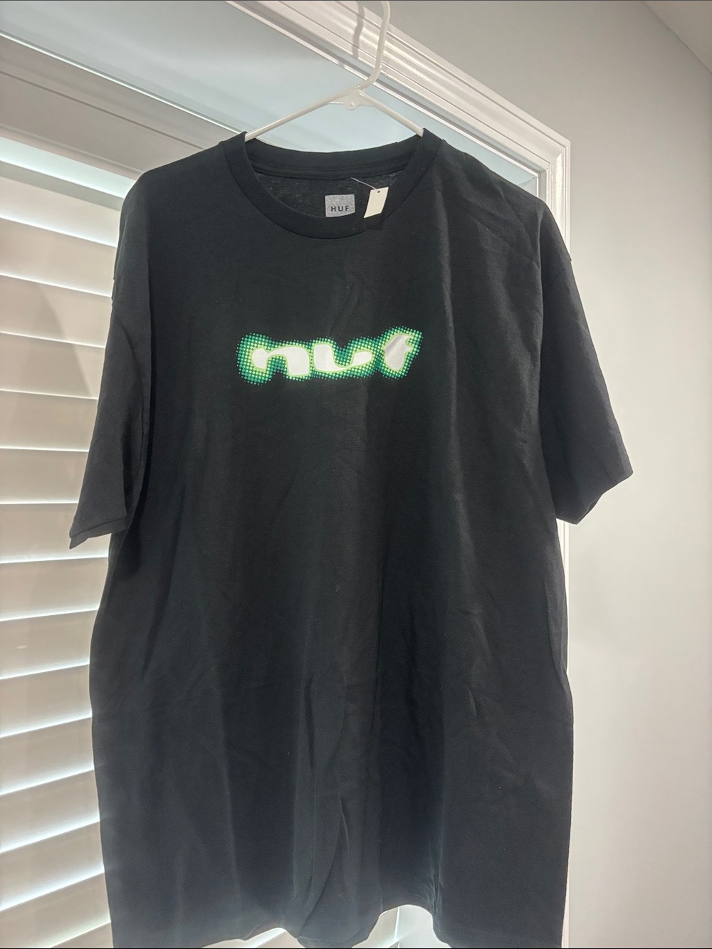 HUF Black T‑Shirt with Green Pixel Logo
